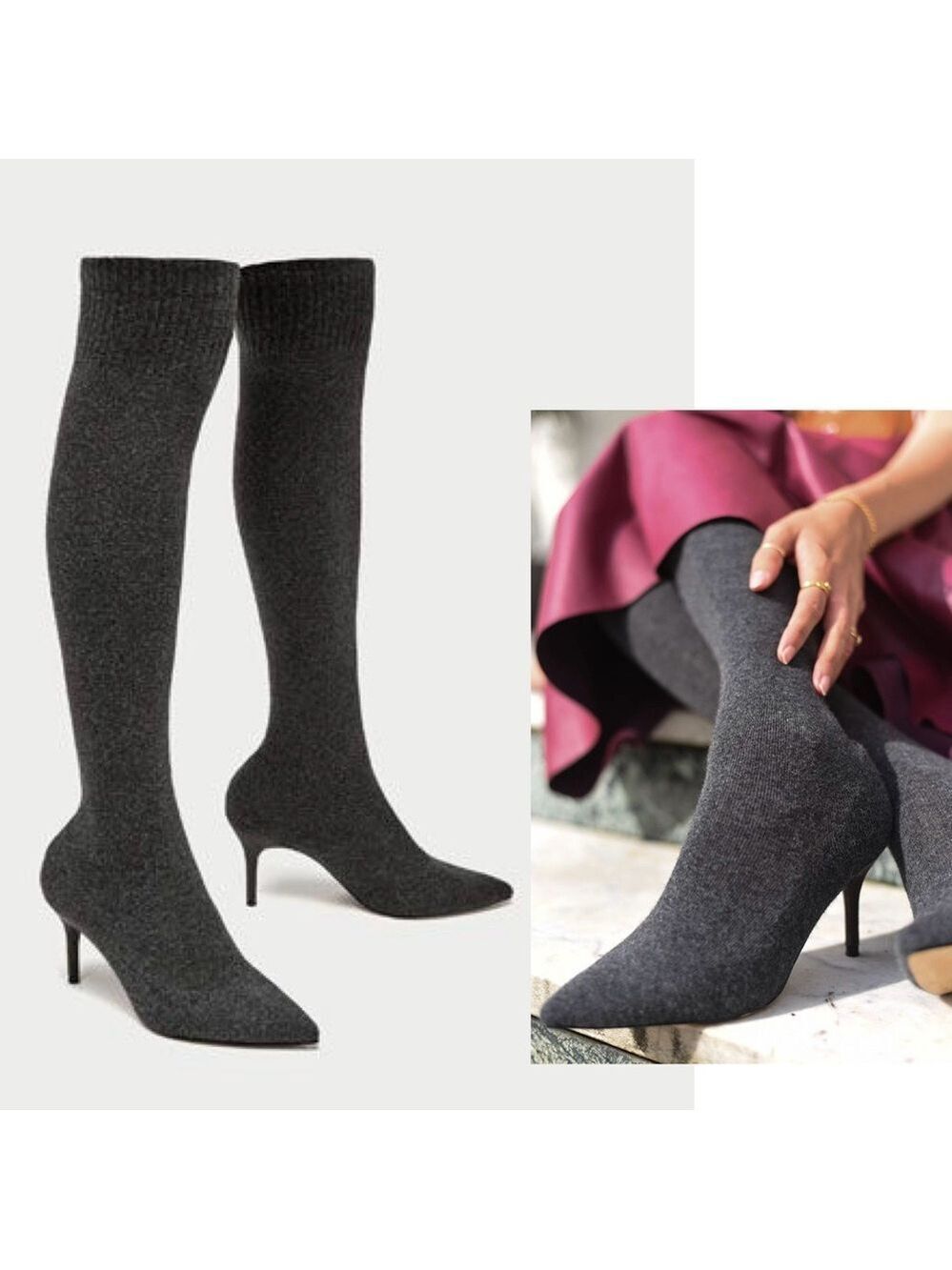 Zara gray over the knee sock boots Sz 40 stretchy knit fabric